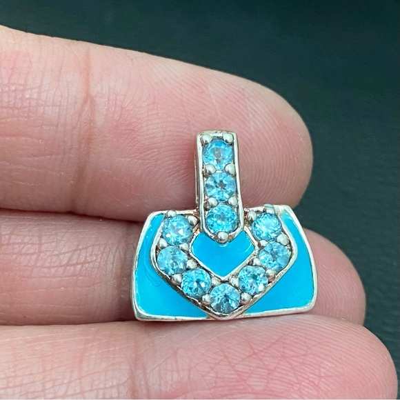 Vintage 925 Signed Blue Topaz CZ Stone Enamel Purse Pendant 3.8g - Picture 3 of 13